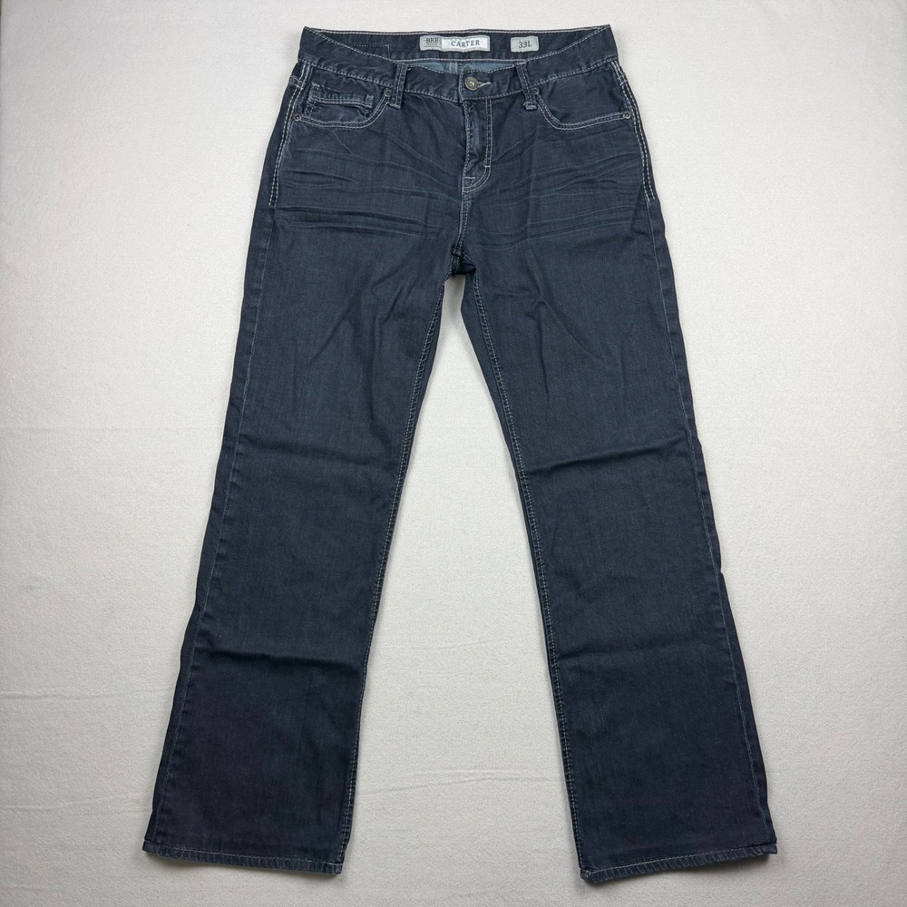 BKE Buckle Men 33L Dark Wash Carter Bootcut Jeans Thick Contrast Stitch ABM20150